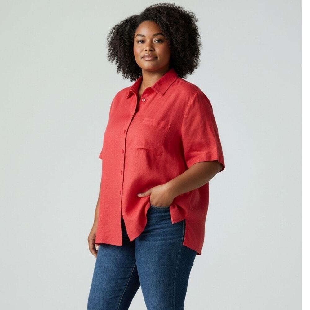 Coldwater Creek Red Linen Shirt Petite XL Short Sleeve Button Up Camp Blouse